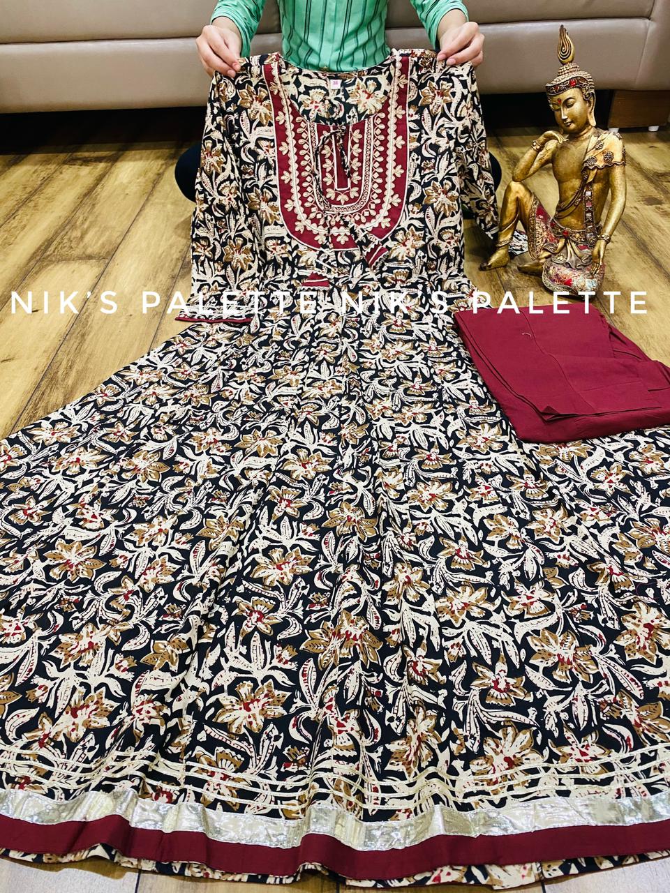 kalamkari anarkali dress designs PURE CHINON KALAMKARI ANARKALI GOWN KURTI COLORFUL Design Purple / M (38")