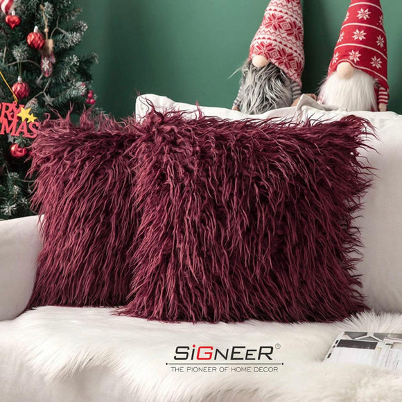 Set of 2 , Maroon Decorative Faux Fur Signeer Throw Large cushion Covers-JBRC001M