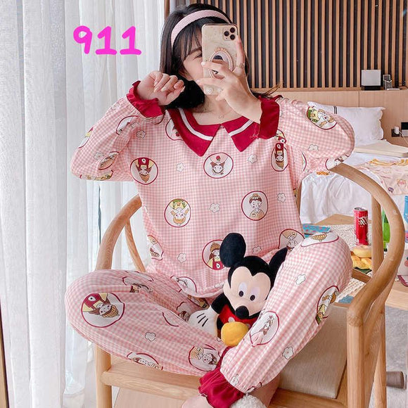 Blue Mickey Mouse Dotted Full Sleeves Printed Night Suit For Women
