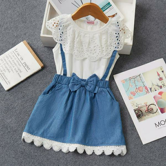 FUNKY WHITE LACE DRESS WITH BLUE SKIRT FOR GIRLS-OKG001SP