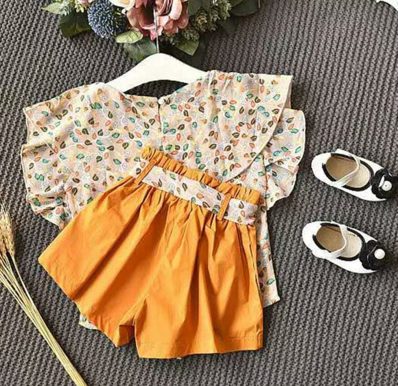 CUTE FLORAL DESIGN TOP AND SHORTS SET  FOR GIRLS-OKG001Y