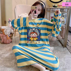 HELLO JANE, YELLOW AND BLUE  STRIPES  TRENDY COMFY COOL SLEEP WEARS FOR WOMEN -DPSW001HJYB