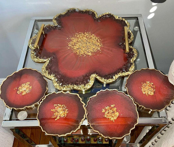 RED GLITTERS, RED RESIN TRAY WITH 4 COASTERS -ANUBRR001