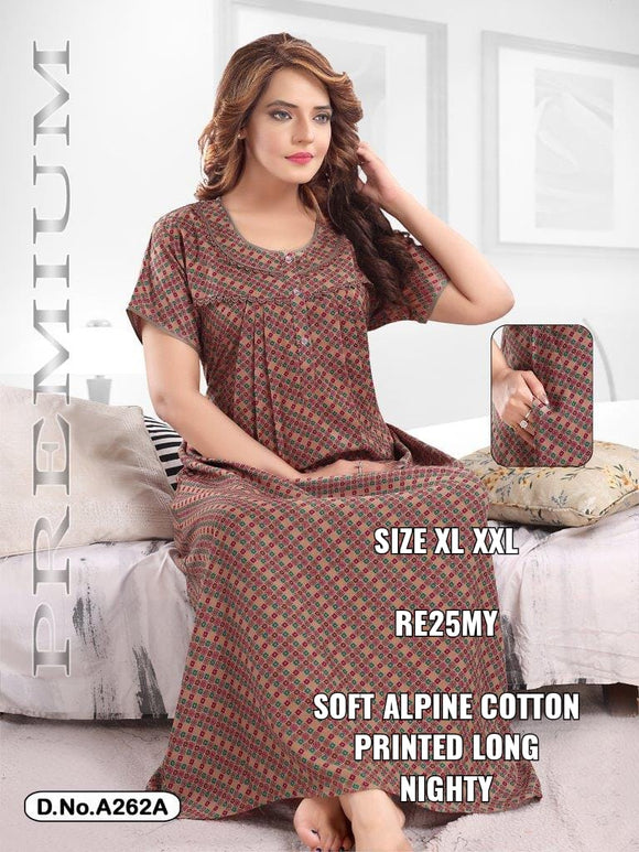 BROWN ALPINE (SOFT COTTON) PRINTED LONG NIGHTY FOR WOMEN -DPAC01BR