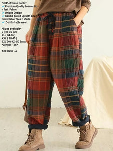 Spring New Arts Style Women Harem Pants Elastic Waist Plaid cotton linen Vintage Pants -MAWHP001A