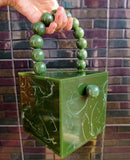 JADE GREEN  LUXURIOUS RESIN CUBICAL CLUTCH BAG  WITH PEARL HANDLE-JCRCC001J