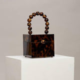 WOODEN FINISH  LUXURIOUS RESIN CUBICAL CLUTCH BAG  WITH PEARL HANDLE-JCRCC001W