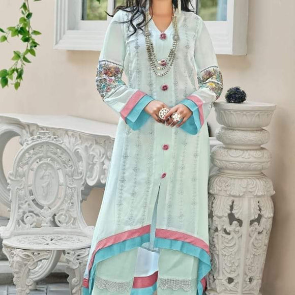 Inaya  Designer long Tunic  with classy embroidery  front and sleeves paired with  Designer straight Designer Palazzo Pants-MOETP001(LPC -81)B