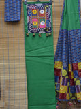 GREEN EXCLUSIVE SLUB COTTON KURTA WITH KUTCHI PATCH WORK ON NECK AND PATCH WORK DUPPATTA -GANNKW001G