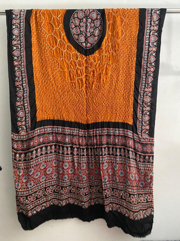 YELLOW AJRAKH DUPPATTA WITH BANDEJ MAKDI DESIGN FOR WOMEN-GANNDW001Y