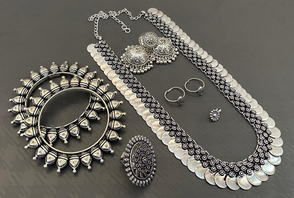 SHARAYU, OXIDISED SILVER LONG COIN NECKLACE SET COMBO FOR WOMEN-SARAC001S