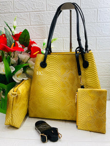 YELLOW COLOR  IMPORTED PREMIUM CROCODILE LEATHER FINISH HAND BAG COMBO FOR WOMEN-TWINBC001YL