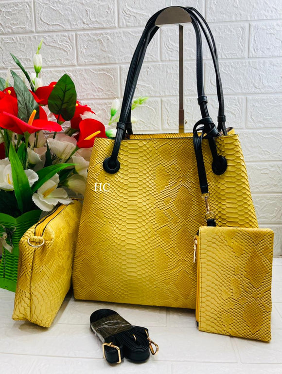 YELLOW COLOR  IMPORTED PREMIUM CROCODILE LEATHER FINISH HAND BAG COMBO FOR WOMEN-TWINBC001YL