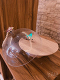 PRETTY GOLDEN WOOD CAKE PLATTER WITH ACRYLIC DOME WITH AGATE BUTTERFLY PEARL KNOB -GANNBD001