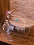PRETTY GOLDEN WOOD CAKE PLATTER WITH ACRYLIC DOME WITH AGATE BUTTERFLY PEARL KNOB -GANNBD001