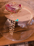 PRETTY GOLDEN WOOD CAKE PLATTER WITH ACRYLIC DOME WITH AGATE BUTTERFLY PEARL KNOB -GANNBD001