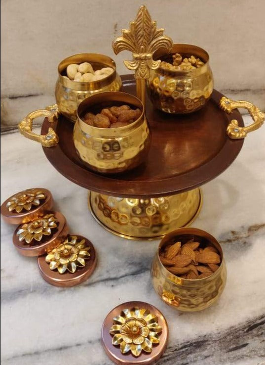 GALANI, BEAUTIFUL GOLDEN STAND WOODEN  TRAY WITH 4  BOWLS -SKDGT001