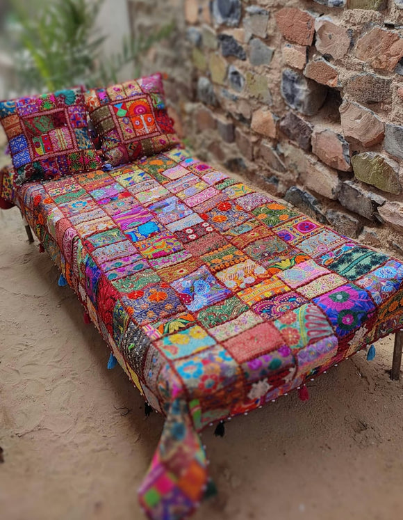 ASSORTED BANJARA PATCH WORK VINTAGE BEDSHEET WITH TWO CUSHION COVERS-JCBSCC001