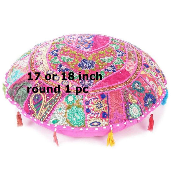 ASSORTED BANJARA EMBROIDERY PATCHWORK VINTAGE BOHEMIAN ROUND BIG SIZE CUSHION COVER-JCCC001P