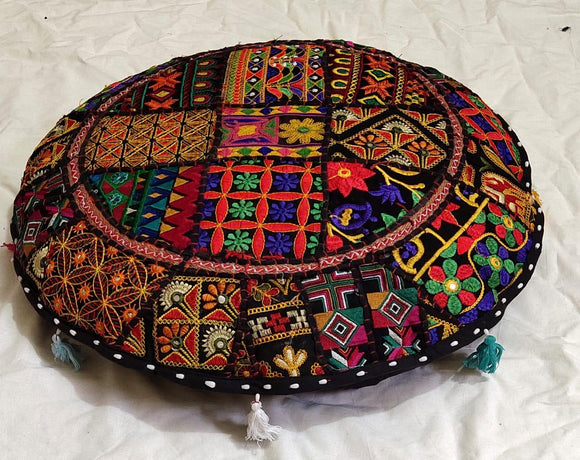 ASSORTED BANJARA EMBROIDERY PATCHWORK VINTAGE BOHEMIAN ROUND BIG SIZE CUSHION COVER-JCCC001BL