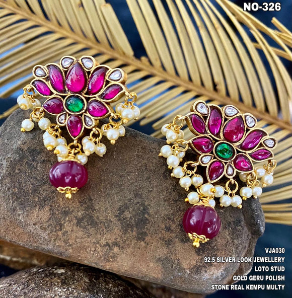 PINK RUBY LOTUS EARRINGS WITH KEMP STONES AND BEADS FOR WOMEN-SAYDKE001P