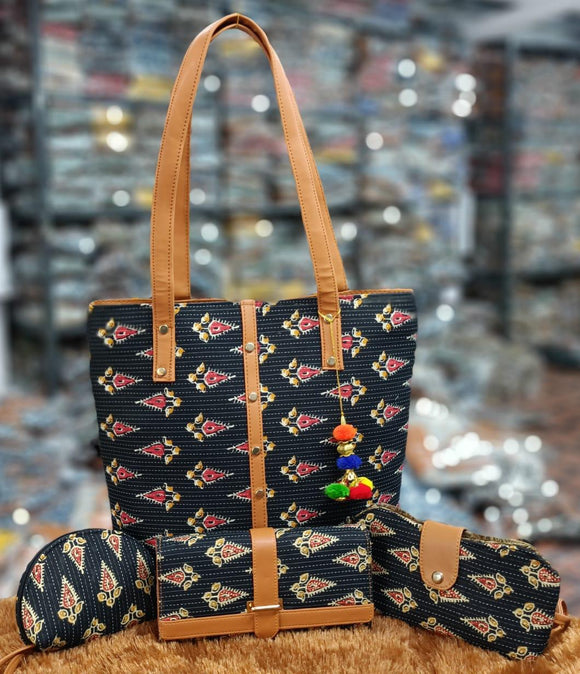 Ethnic   Design Traditional Ikkat 4Pcs Bag Combo for Women-JCIBC001E