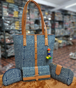 Blue Squares  Design Traditional Ikkat 4Pcs Bag Combo for Women-JCIBC001BS