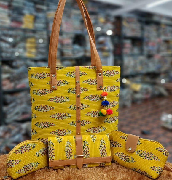 Ethnic Yellow   Design Traditional Ikkat 4Pcs Bag Combo for Women-JCIBC001EY