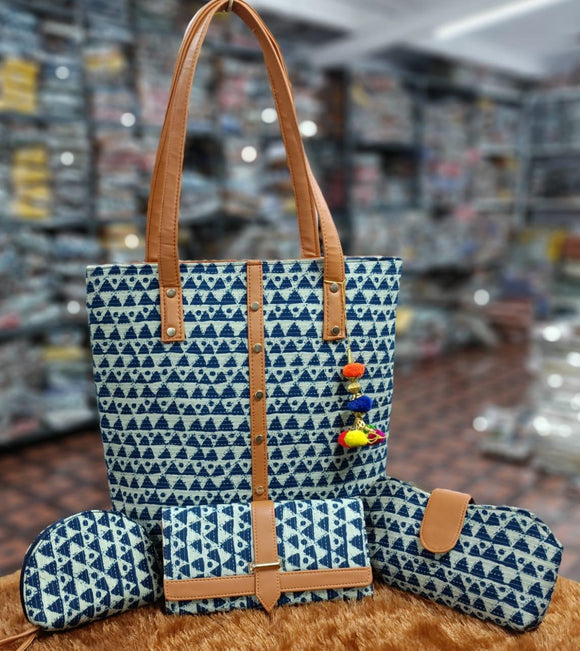 Blue Triangles  Design Traditional Ikkat 4Pcs Bag Combo for Women-JCIBC001BT