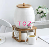 WHITE PORCELAIN WATER DISPENSER WITH WOODEN STAND AND 4 CUPS-PALWD001