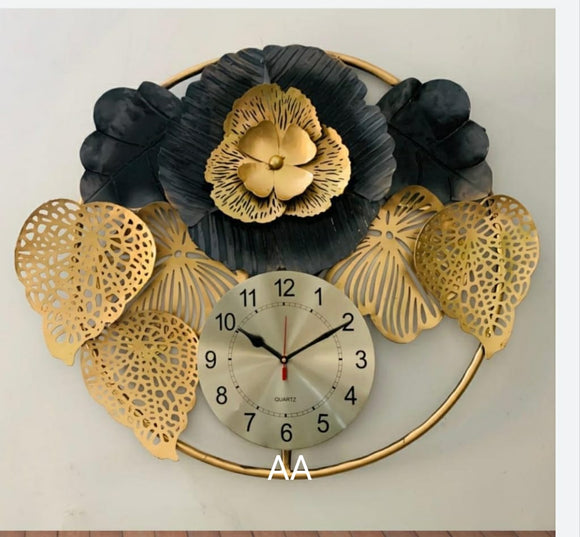BLACK AND GOLDEN  FLOWER DECORATED WALL DECOR WITH CLOCK -SKDWC001B