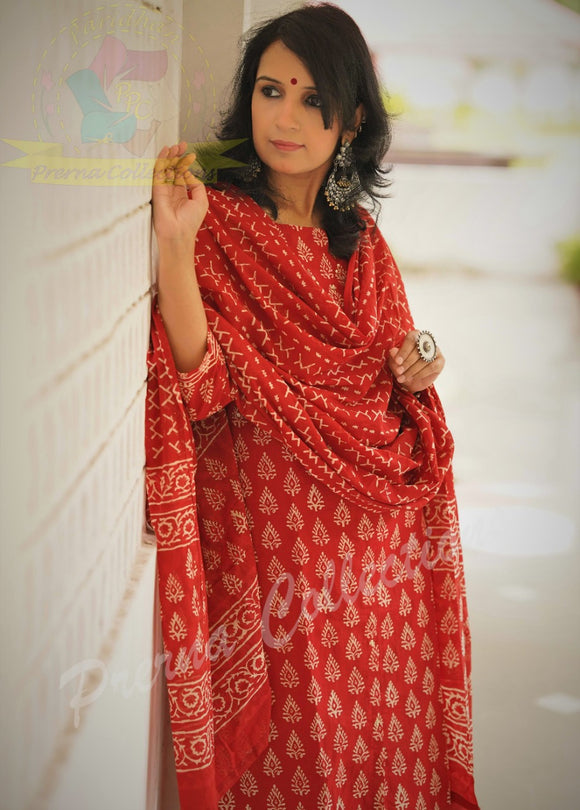 GET READY THIS FESTIVE SEASON WITH HOT RED SUIT IN BLOCK PRINT-FOFRS001