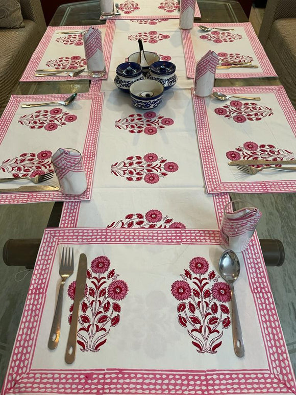 Pink Color Hand Block Printed 6 Seater Dining Table Sets-GANNTM001P