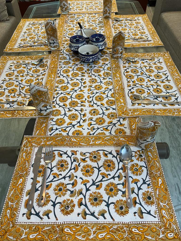Yellow Color Hand Block Printed 6 Seater Dining Table Sets-GANNTM001Y