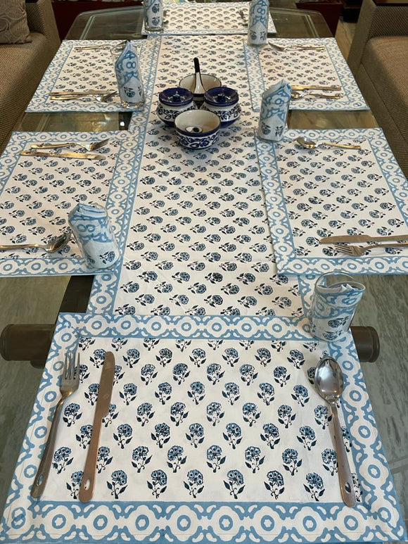 BLUE  Color Hand Block Printed 6 Seater Dining Table Sets-GANNTM001BL
