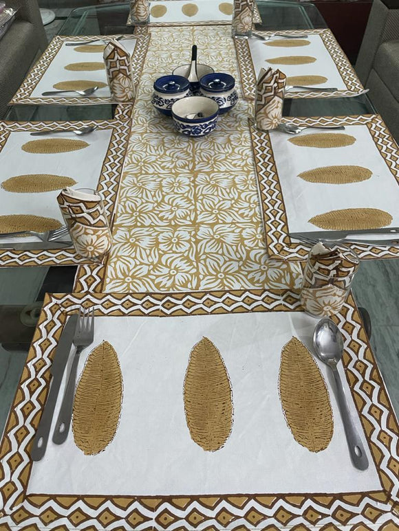 BROWN Color Hand Block Printed 6 Seater Dining Table Sets-GANNTM001BRW