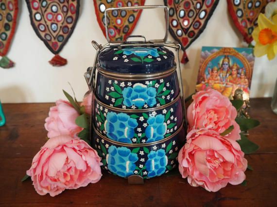 Blue Flowers Traditional Metal Colorful 3 Layer  Lunch and Tiffin Box -PALTBX001B