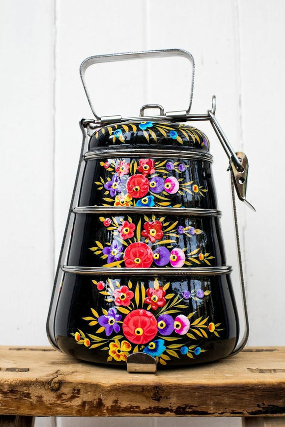 Black Flower Design  Traditional Metal Colorful 3 Layer  Lunch and Tiffin Box -PALTBX001BL