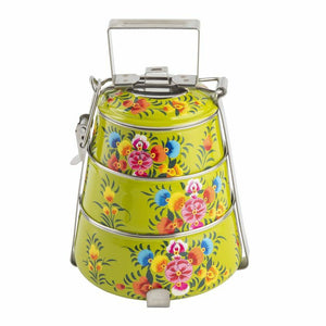 Yellow Flower Design  Traditional Metal Colorful 3 Layer  Lunch and Tiffin Box -PALTBX001Y