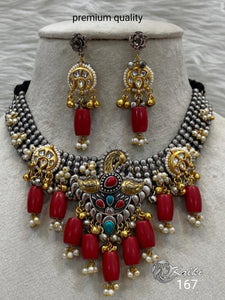 ASHIKA, OXIDISED SILVER PEACOCK  NECKLACE SET WITH RED  BEADS-SANDYONS001