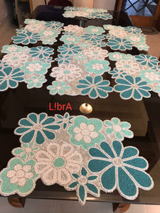 BLUE FLOWERS, LIBRA HANDMADE BEAD TABLE RUNNER AND 6 TABLE MATS SET -GANNTRTM001BF