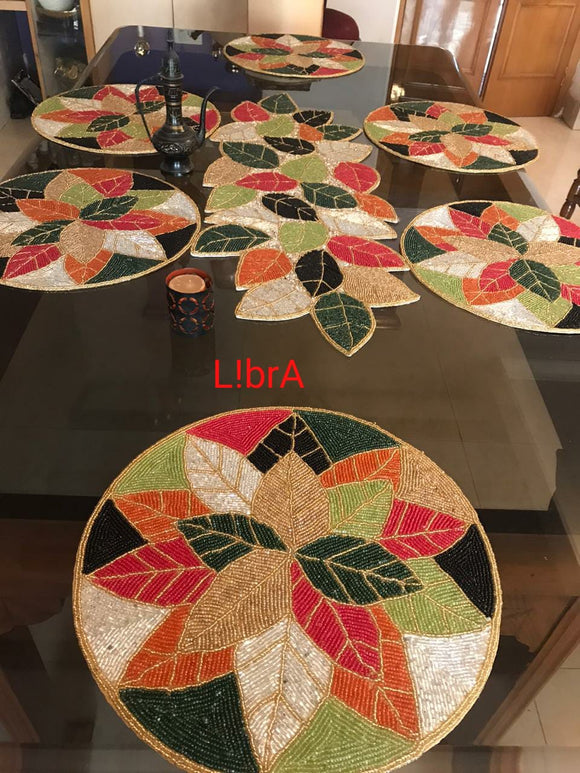 COLORFUL LEAVES ROUND SHAPE  , LIBRA HANDMADE BEAD TABLE RUNNER AND 6 TABLE MATS SET -GANNTRTM001CL