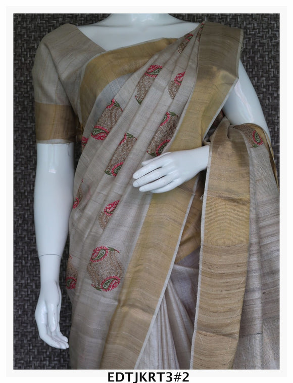 Embroidered Desi Tussar Saree with Zari Border, and  running blouse -KIATS001