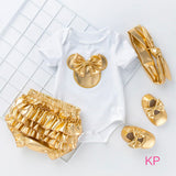 PREMIUM QUALITY WHITE ROMPER WITH GOLDEN LEATHER APPLIQUE DESIGN ON CHEST -SKDR001W