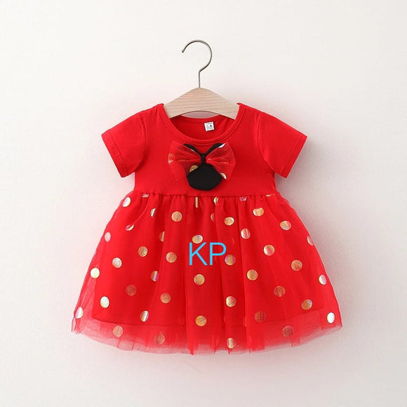 Hot Red Mouse applique dress with golden polka dot on net-SKDPD001