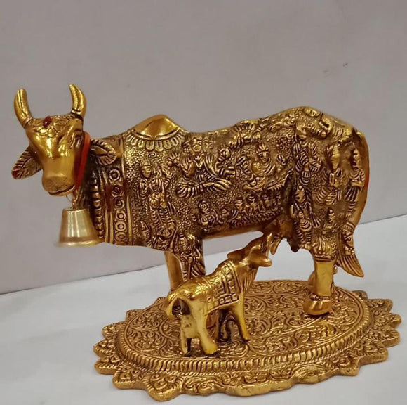 Beautiful Metal Gold finish kaam dhenu cow and Calf statue -RAJA001