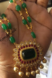 GREEN COLOR HANDMADE BEAD NECKLACE WITH BIG KUNDAN PENDANT FOR WOMEN -ARTBNS001G