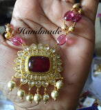 PINK HANDMADE BEAD NECKLACE WITH BIG KUNDAN PENDANT FOR WOMEN -ARTBNS001P