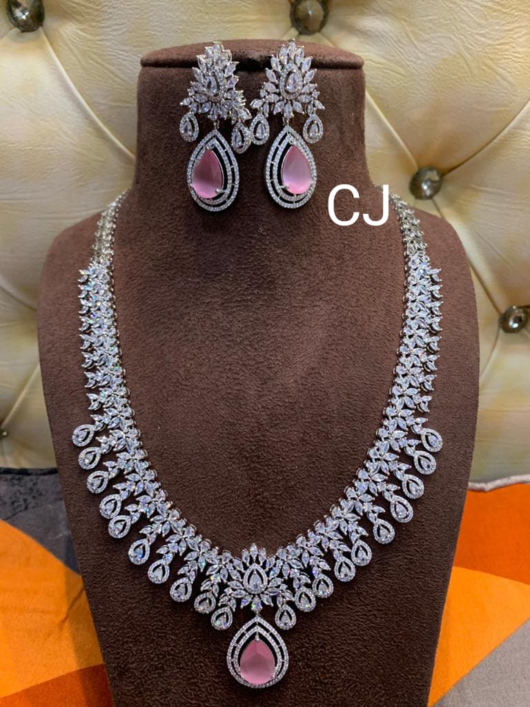 American Diamond Necklace Pink Colour Stone Jewellery OSTARA