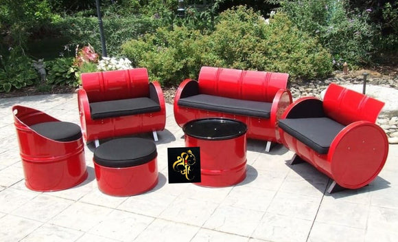RED COLOR RECYCLED OIL BARREL SOFA SET ( 8 SEATER ) WITH TABLES -ANUBSS001R